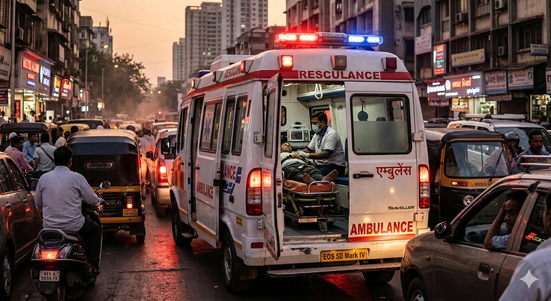 Illustration of a Resculance ambulance travelling through an Indian city
