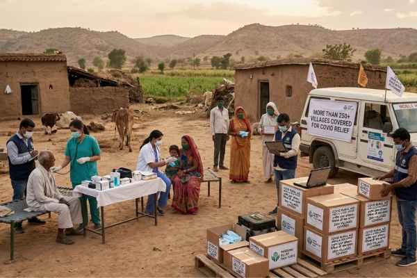 Illustration of healthcare outreach near an ambulance in rural India