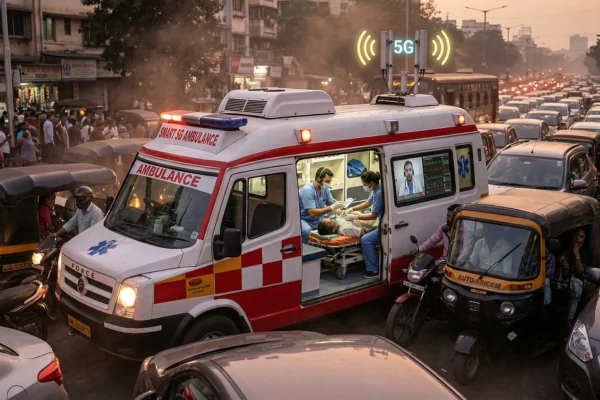 Illustration of an ambulance travelling through busy Indian city streets